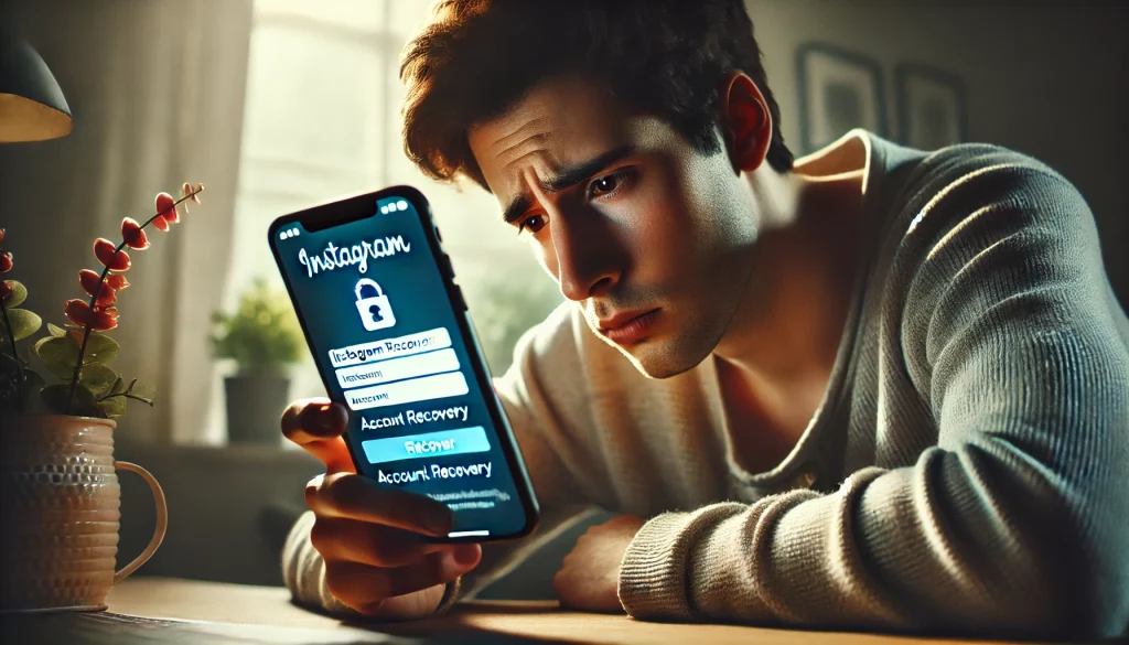 Usuario frustrado intentando recuperar cuenta Instagram hackeada